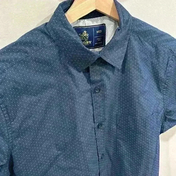 Rugby University Men’s Short Sleeve Button Down Shirt Blue White Dots Size M - Picture 1 of 6